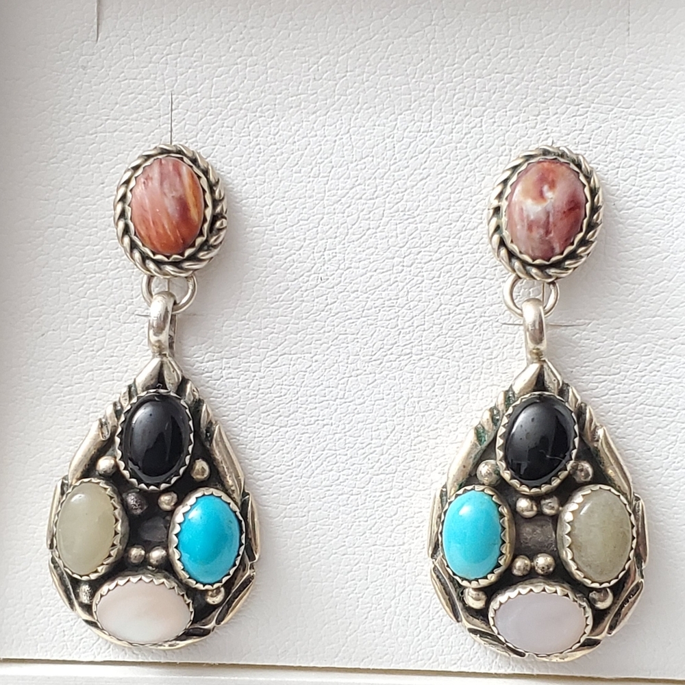 Sterling Silver 925 Multi Gemstone Turquoise Dangle Earrings